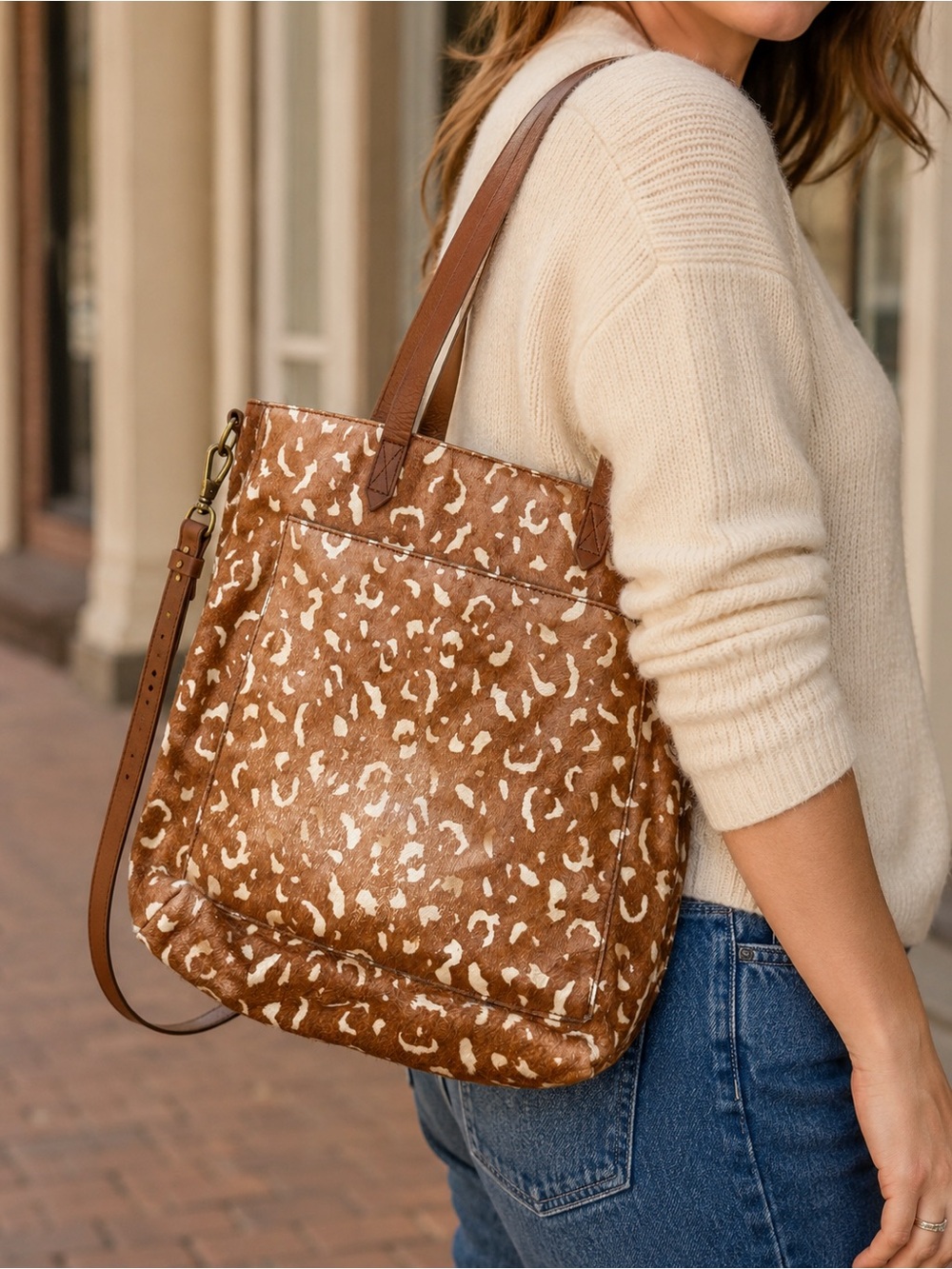 Madewell Medium Transport Tote Cow Print Leather Crossbody Bag